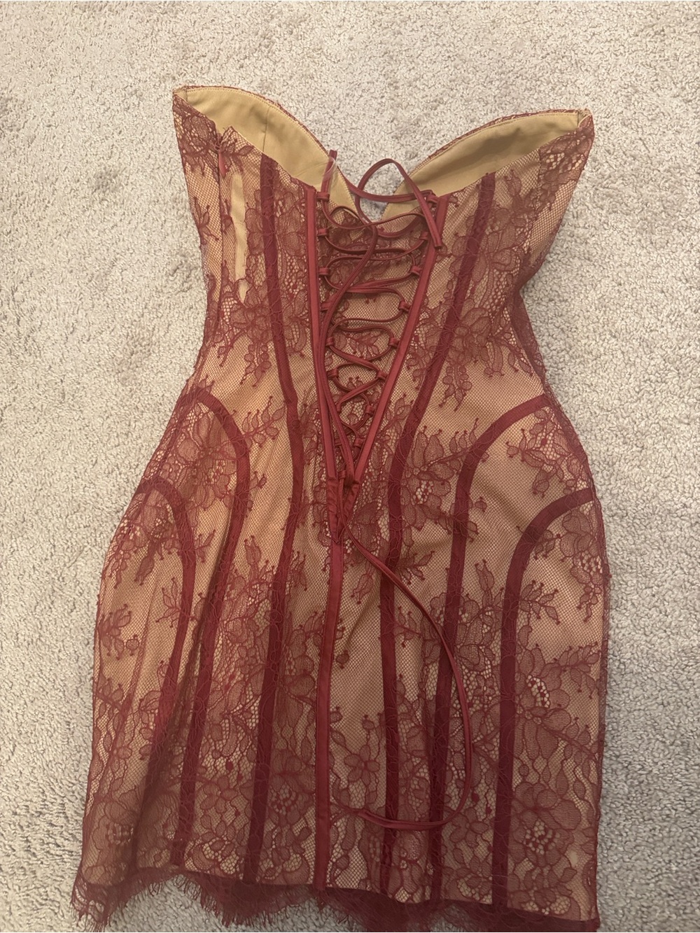 Strapless Burgundy Lace Bodycon Dress - Picture 2 of 3